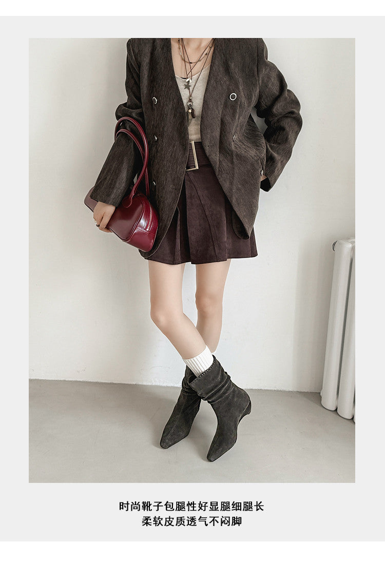 Karin Luna Elegant Style Small Square Toe Pleated Short Boots