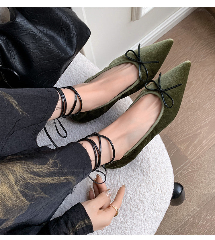 Karin Luna In Stock In Stock Retro Velvet Pointed Toe Bowknot Single Shoes