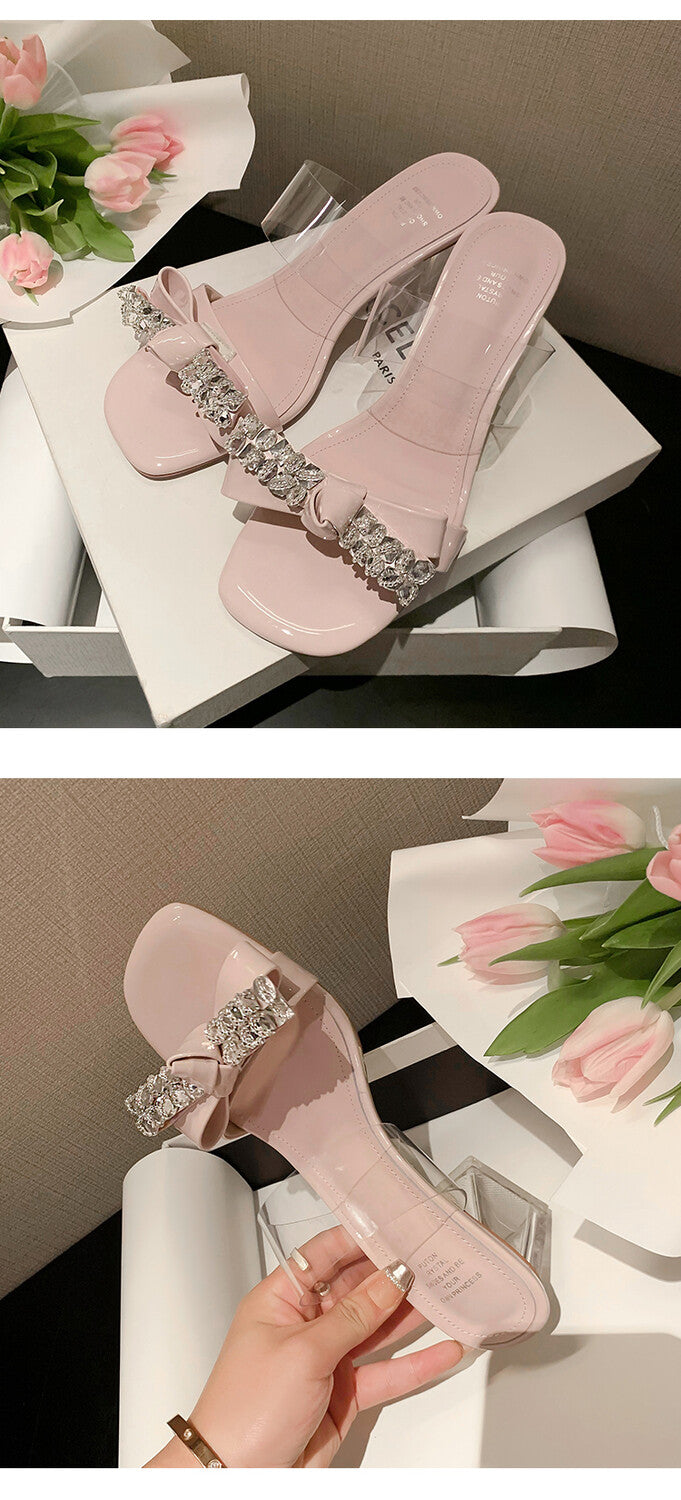 Karin Luna In Stock Summer New It's clearly a model with high traffic Rhinestone Flower Bow Crystal Heel Slippers