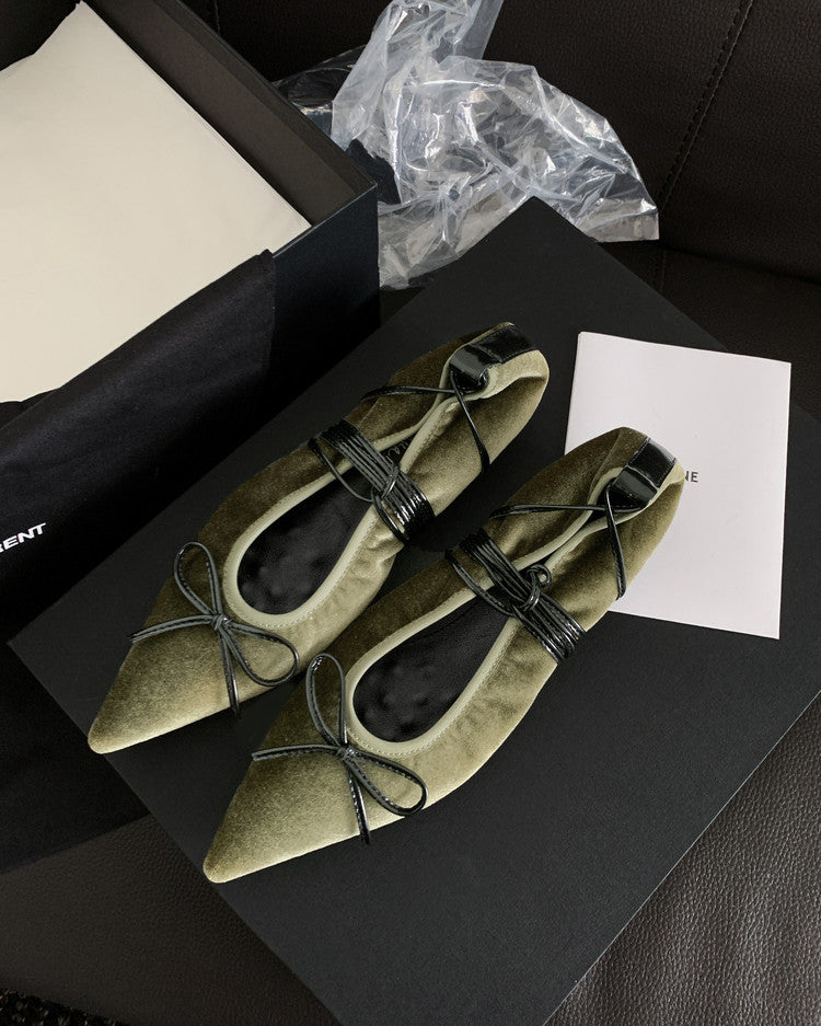 Karin Luna In Stock In Stock Retro Velvet Pointed Toe Bowknot Single Shoes