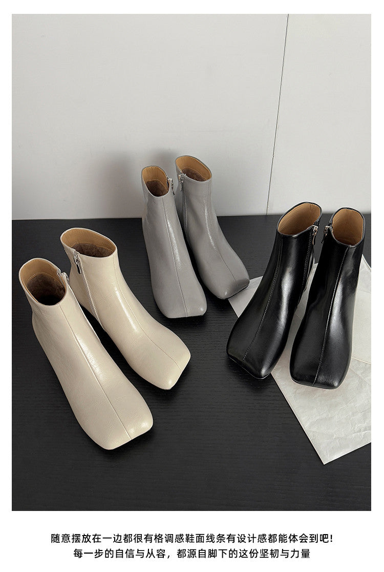 Karin Luna French Style Square Toe Chunky Heel Ankle Boots