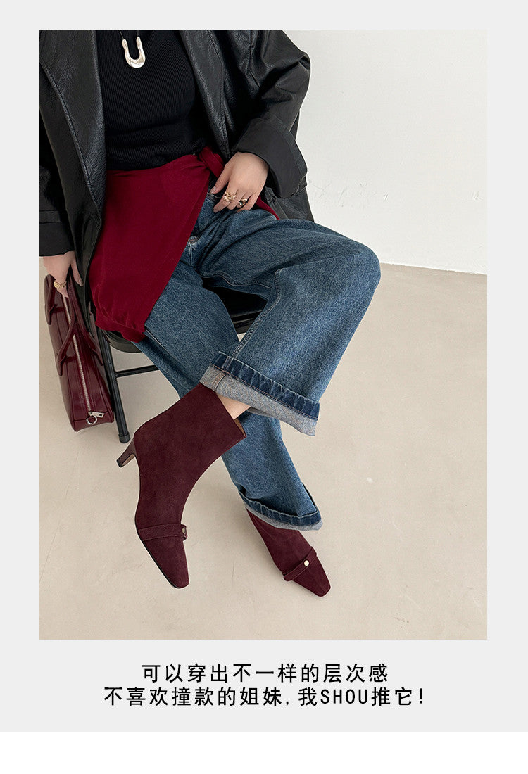 Karin Luna Elegant Style Small Square Toe Belt Buckle Thin Heel Short Boots