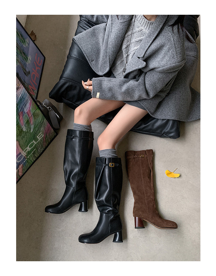 Karin Luna In Stock In Stock Mango Head Large Tube Belt Buckle Chunky Heel Long Boots