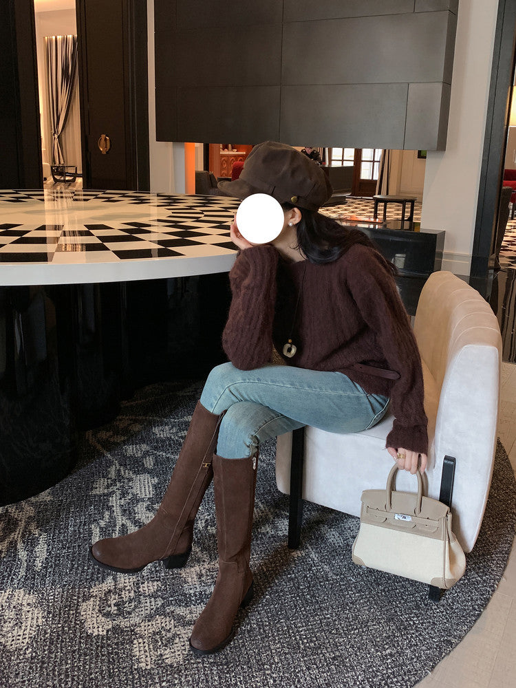 Karin Luna In Stock Spot Goods Basic Retro Square Toe Chunky Heel Riding Boots