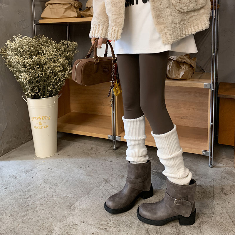 Karin Luna In Stock Spot Goods Versatile Basic Round Toe Belt Buckle Thick Sole Tube Boots