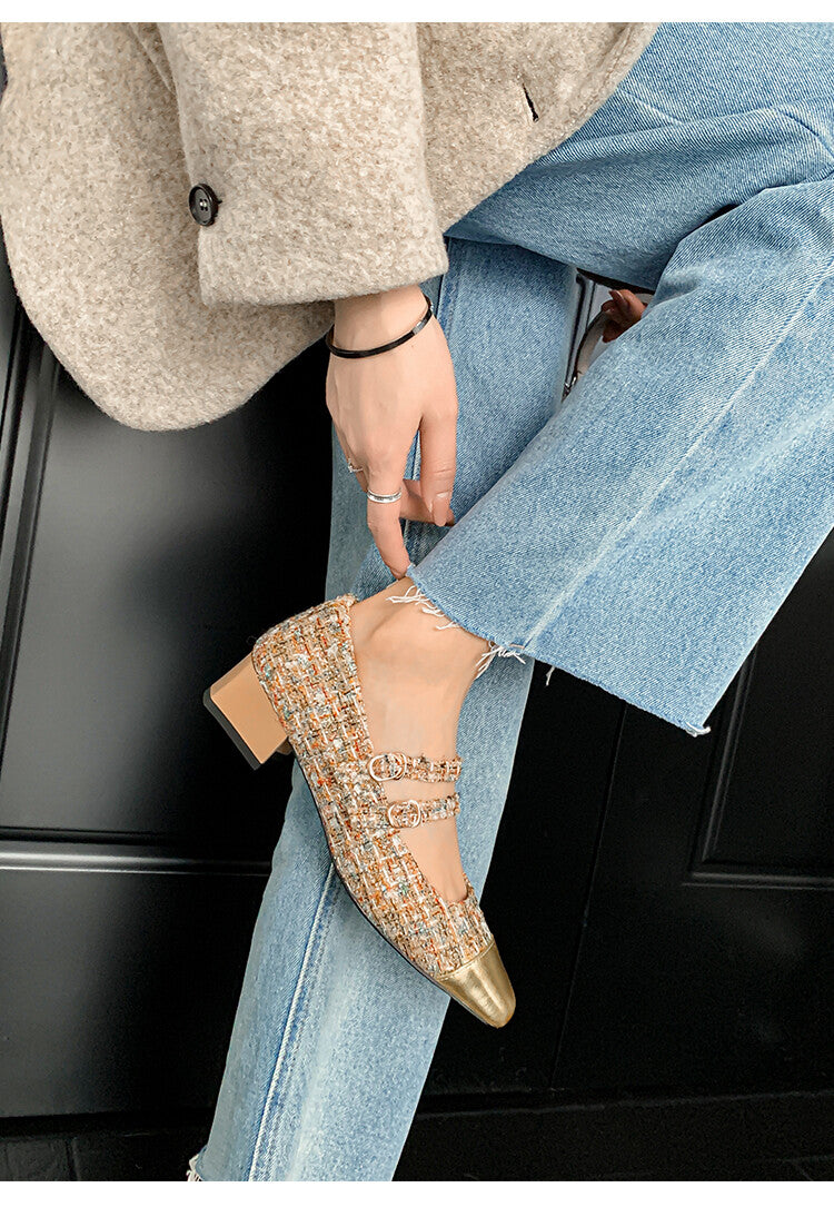 Karin Luna Classic Chanel Style~ Tweed Spring Limit Square Toe Chunky Heel Mary Jane Strap Single Shoes