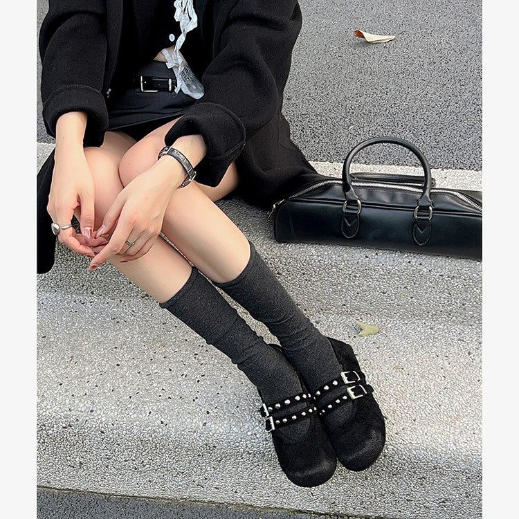 Karin Luna Hot Item Hot Item Punk Style One-Strap Round-Toe Suede Leather Height-Increasing Flats