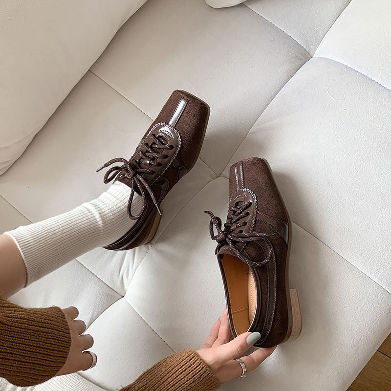 Karin Luna In Stock Spot Goods   Pig Nose Thin Strap Square Toe Patchwork Single Shoes