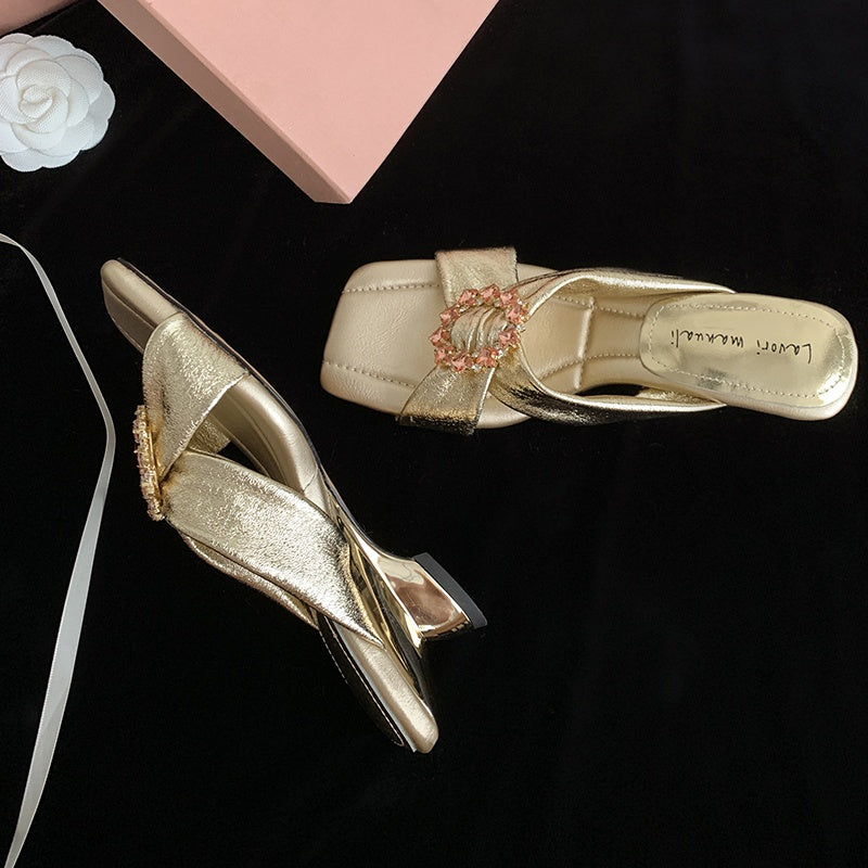 Karin Luna In Stock In Stock Elegant Square-Toe Cross-Strap Rhinestone Square-Toe Slippers
