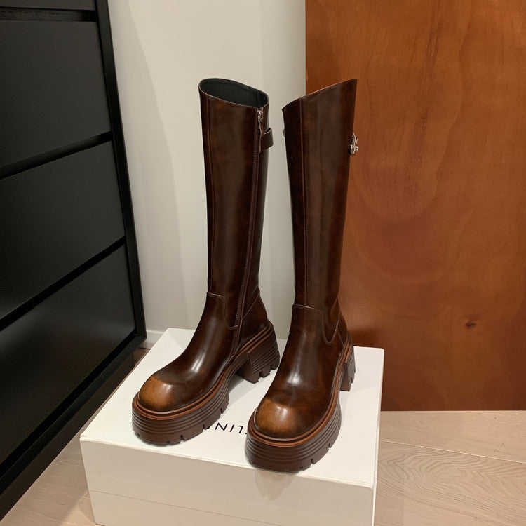 Karin Luna In Stock In Stock  Round Toe Thick Sole Belt Buckle Side Zipper Knight Boots