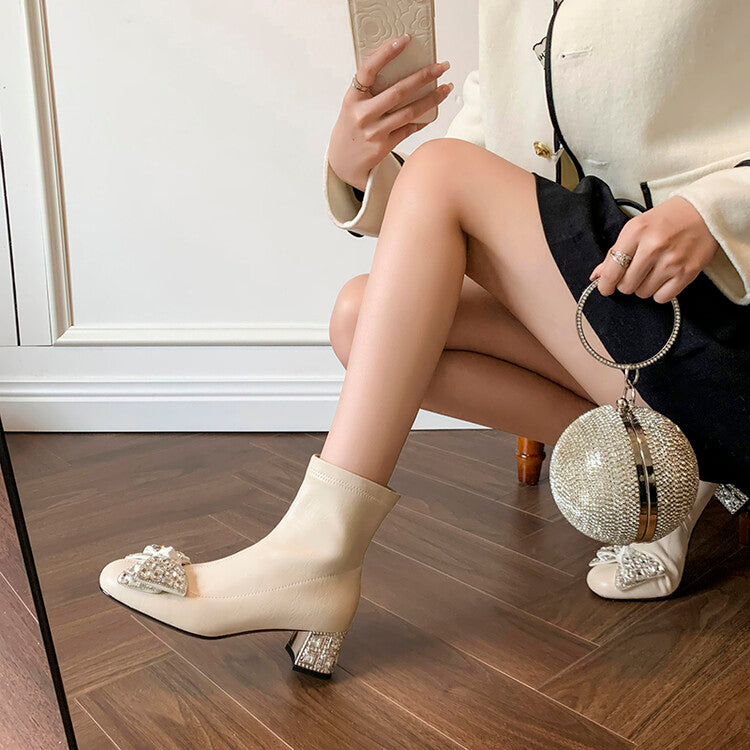 Karin Luna In Stock   Rhinestone Bow Thick Heel Slim Boots