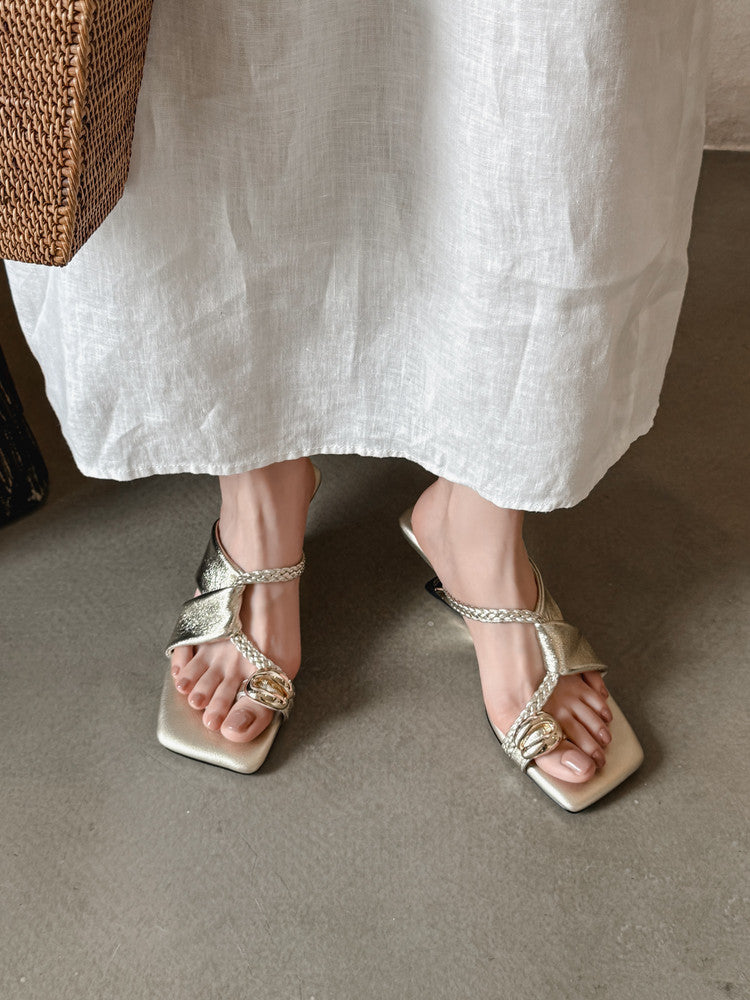 Karin Luna Braided Style ~Cross Strap Square Toe Irregular Heel Slippers