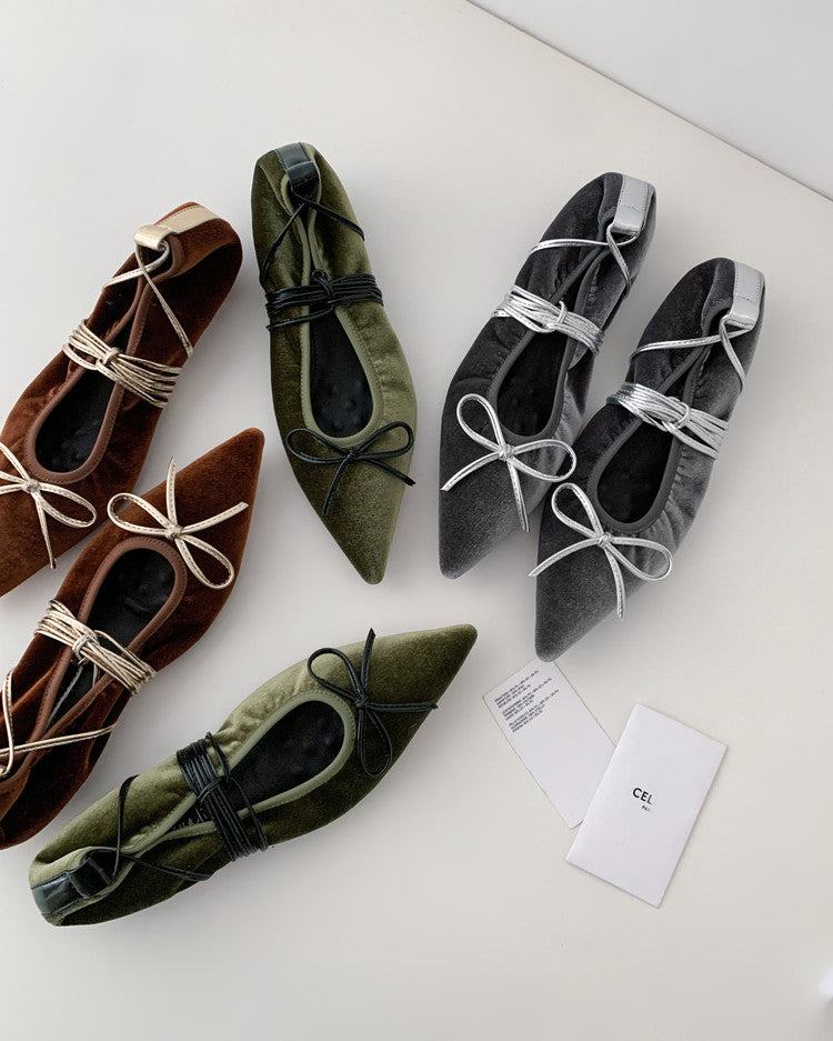 Karin Luna In Stock In Stock Retro Velvet Pointed Toe Bowknot Single Shoes
