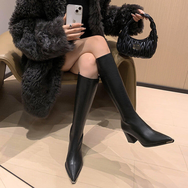 Karin Luna In Stock  In Stock Elegant Metal Pointed Toe Chunky Heel Full Cowhide Leather Riding Boots