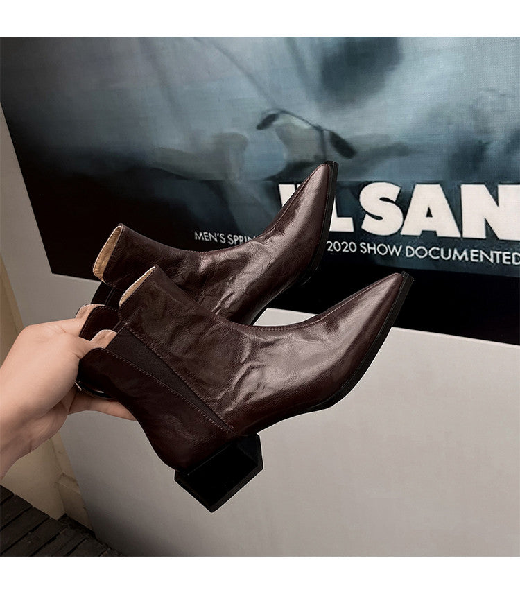 Karin Luna In Stock Spot Goods Elegant Stretch Fabric Patchwork Pointed Toe Chunky Heel Short Boots