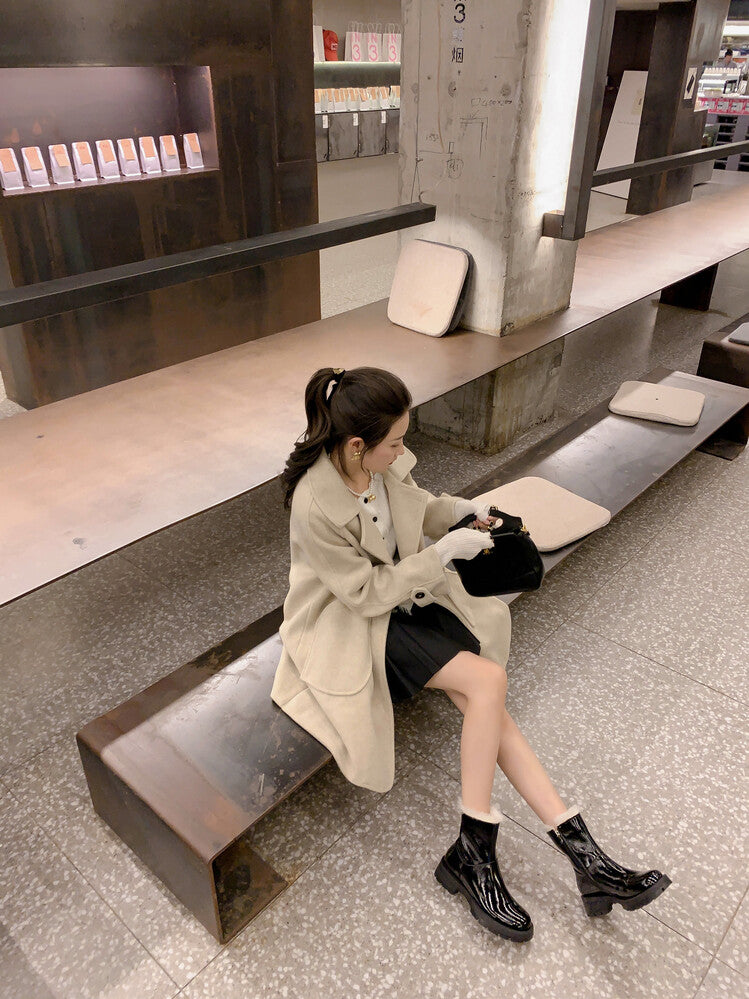 Karin Luna In Stock  Best-selling in stock Thickened Fleece Cow Patent Leather Hot-Selling Flat Short Boots