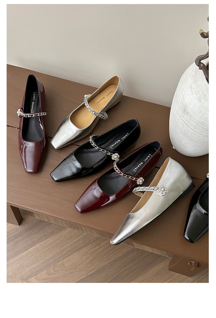 Karin Luna In Stock In Stock ~Metal One-Strap Pearl Small Square Toe Height-Increasing Flats