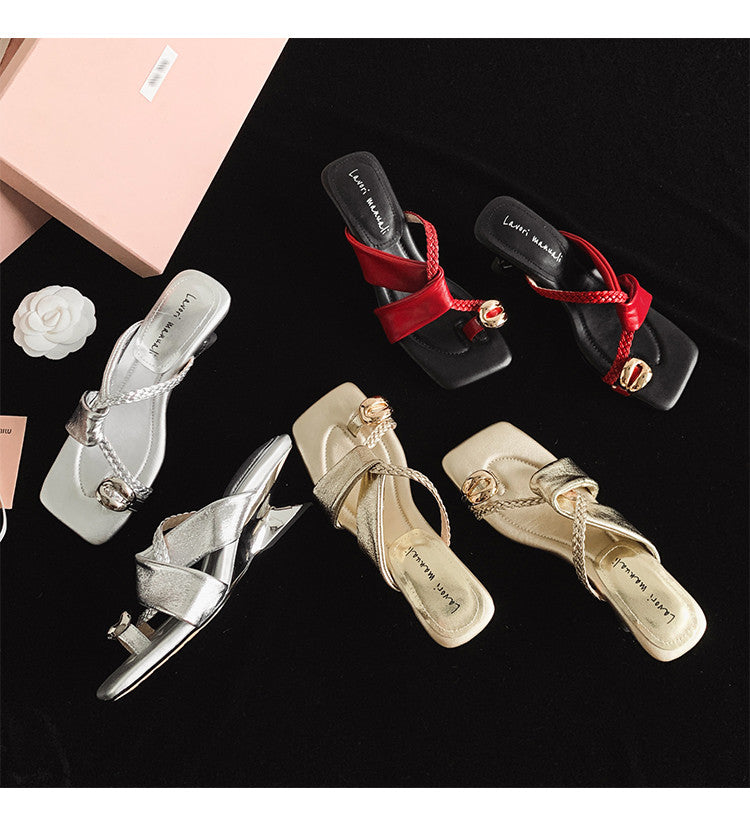 Karin Luna Braided Style ~Cross Strap Square Toe Irregular Heel Slippers