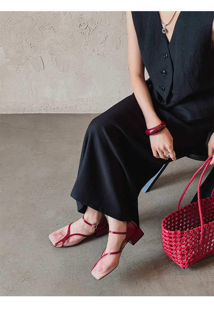Karin Luna In Stock In Stock  Internet Celebrity Style Square Toe Mesh Chunky Heel Sandals