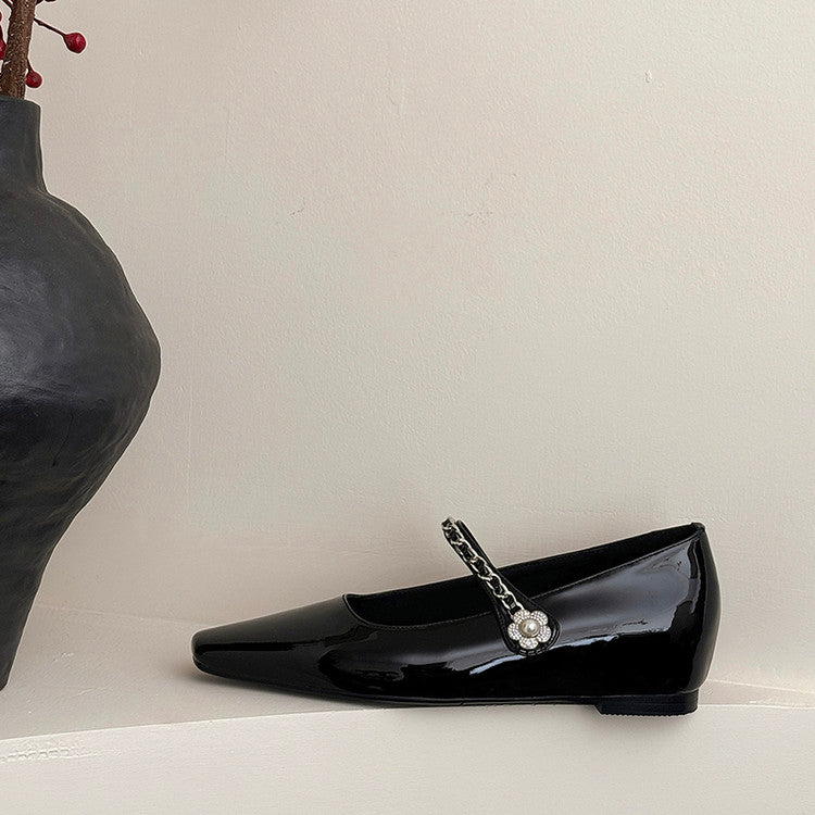 Karin Luna In Stock In Stock ~Metal One-Strap Pearl Small Square Toe Height-Increasing Flats