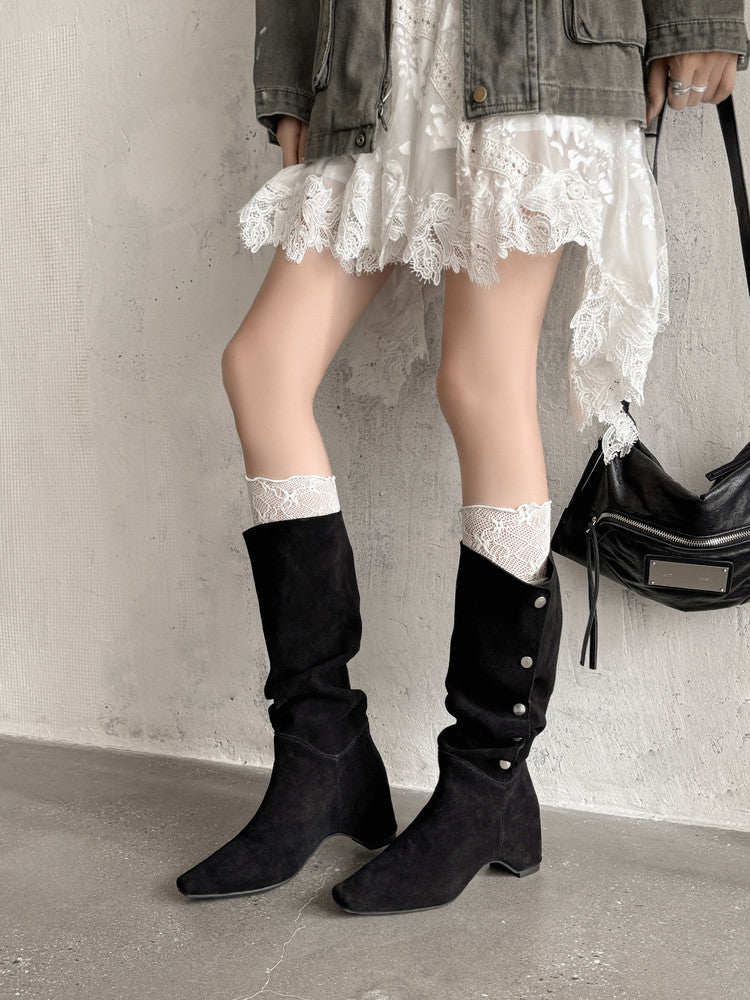 Karin Luna Bestseller Hot-Selling Hidden Buckle Lazy Style Square-Toe Height-Increasing Suede Western Boots