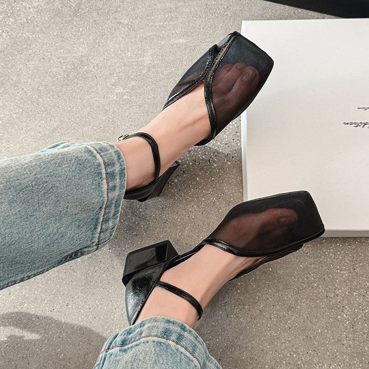 Karin Luna In Stock In Stock  Internet Celebrity Style Square Toe Mesh Chunky Heel Sandals
