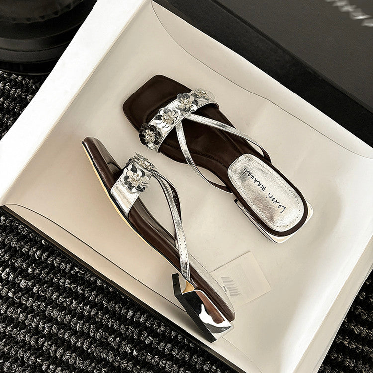 Karin Luna In Stock Spot Goods  One-Strap Sequin Floral Square-Toe Flat Slippers