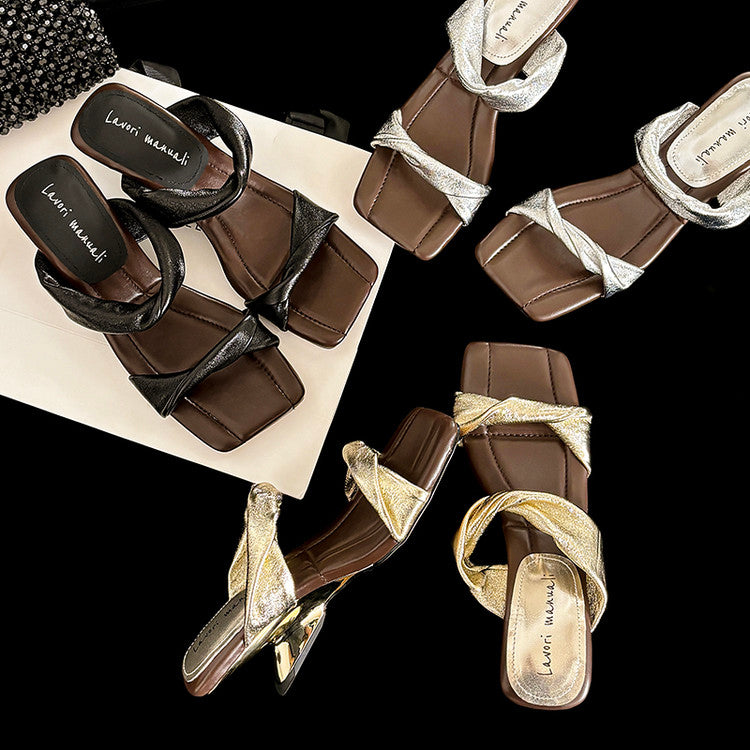 Karin Luna In Stock  Spot Goods   Square Toe One-Strap Irregular Heel Slippers