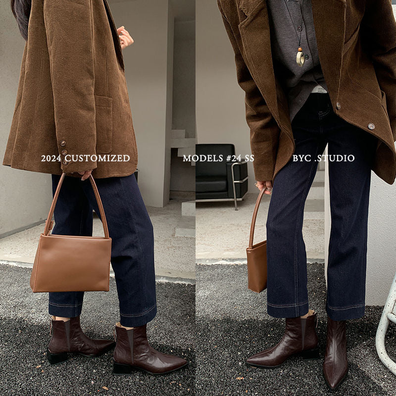 Karin Luna In Stock Spot Goods Elegant Stretch Fabric Patchwork Pointed Toe Chunky Heel Short Boots