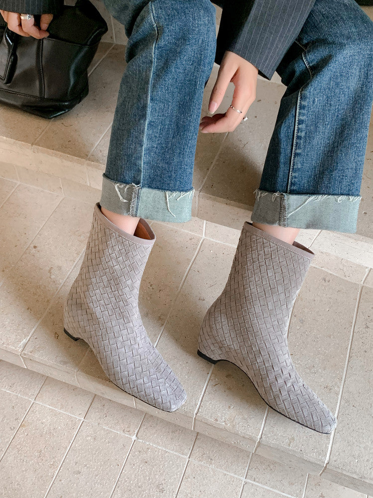 Karin Luna Handmade Woven Fabric Small Square Toe Hidden Heel Short Boots