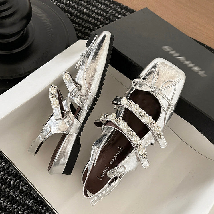 Karin Luna In Stock In Stock  Square Toe Bowknot Pearl Strap Closed-Toe Sandals