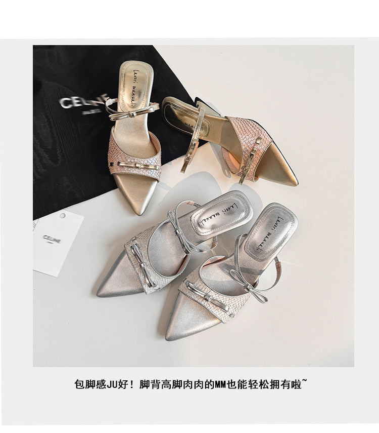 Karin Luna Fish Skin Series~Pointed Toe Irregular Heel Bowknot Strap Slippers