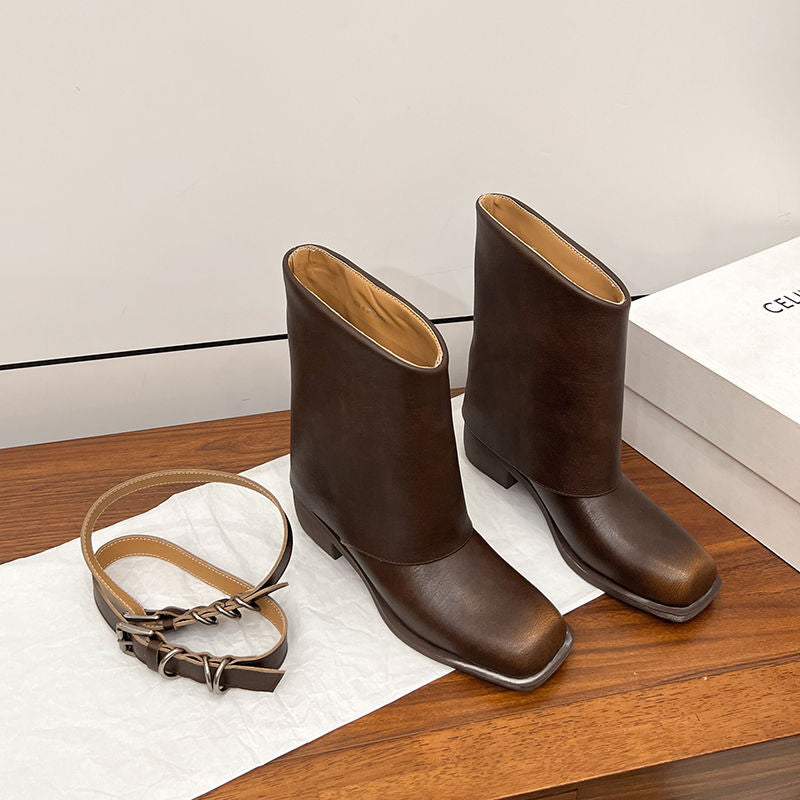 Karin Luna Elegant Style Square Toe Belt Buckle Pants Boot Short Boots
