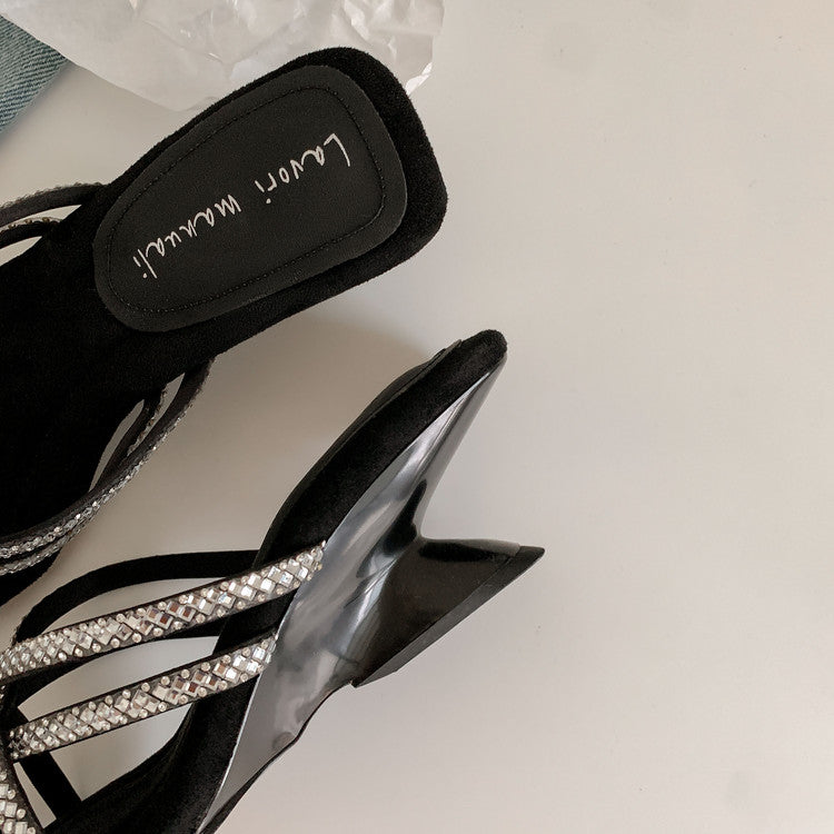 Karin Luna In Stock Spot Goods  Rhinestone Cross Strap Square Toe High Heel Slippers