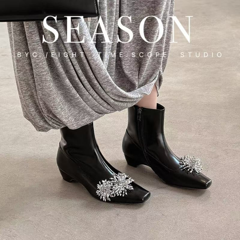 Karin Luna Elegant Style Square Toe Flower Design Height Increasing Short Boots with Two Front and Back Options