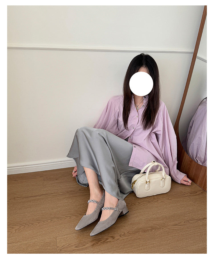 Karin Luna In Stock Spot Goods  Vintage Full Leather Square Toe Rhinestone Strap Shallow Mouth Single Shoes