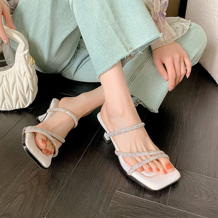 Karin Luna In Stock Spot Goods  Minimalist Versatile Square Toe Rhinestone Strap Open-Toe Sandals