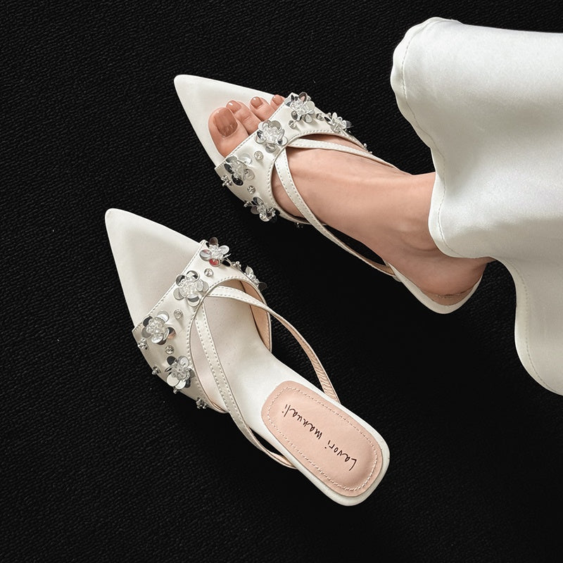 Karin Luna Bestseller Sequin Elements Elegant Pointed Toe Irregular Heel Slippers