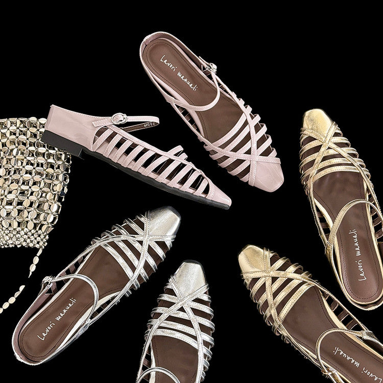 Karin Luna In Stock Spot Goods   French Retro Hollow Small Square Toe One-Strap Slippers