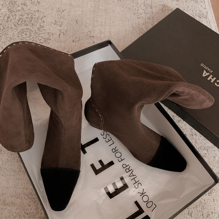 Karin Luna In Stock Spot Goods TikTok Live Hot Item Full Cowhide Leather Pointed Toe Retro Wedge Heel Stacked Boots