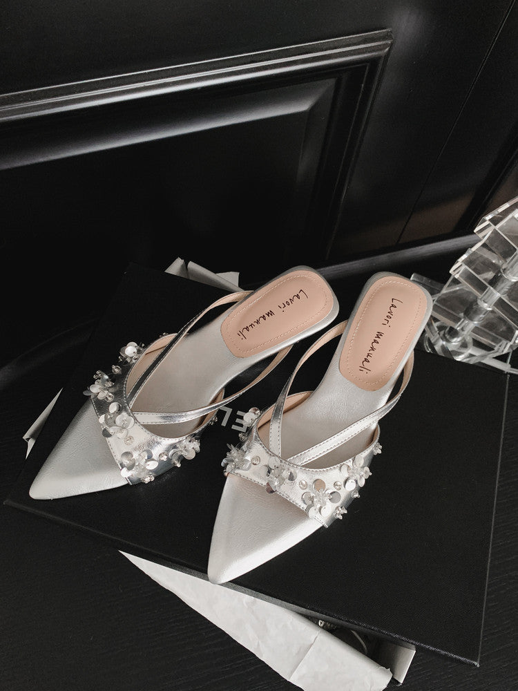 Karin Luna Bestseller Sequin Elements Elegant Pointed Toe Irregular Heel Slippers