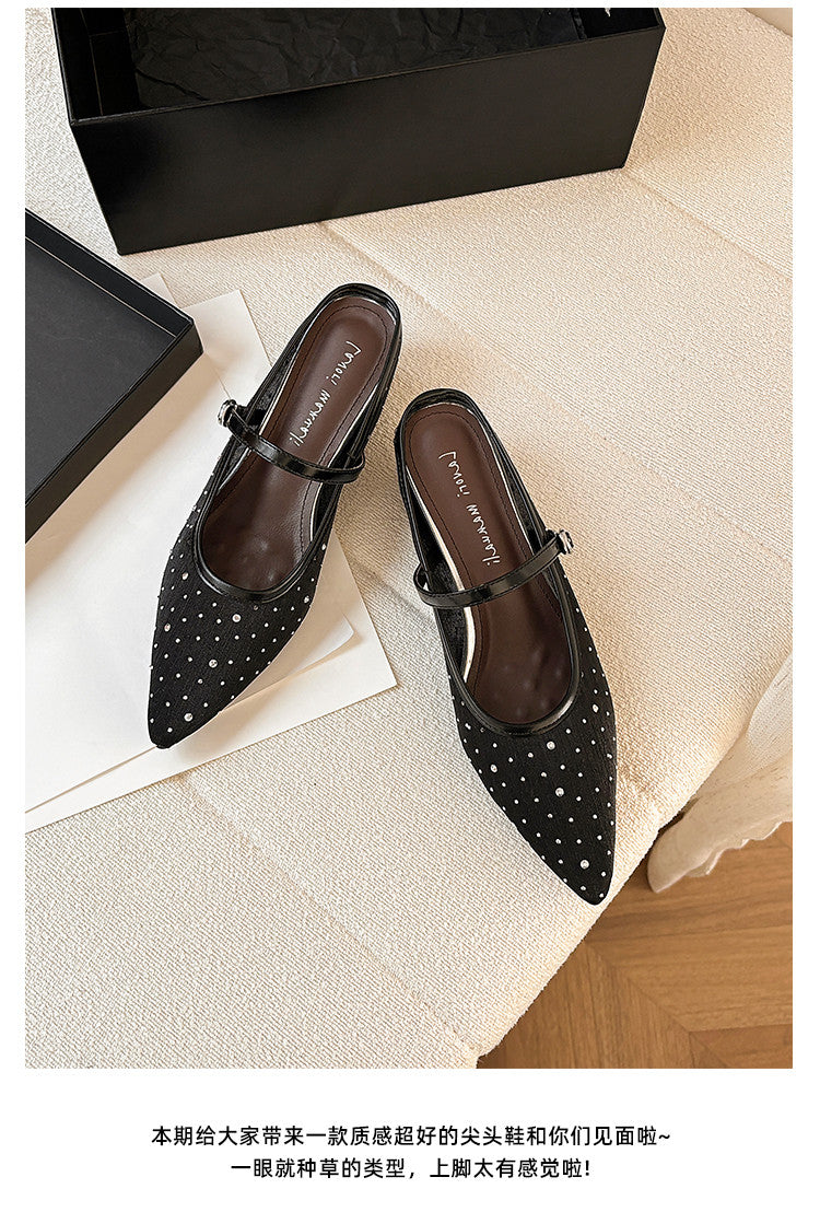 Karin Luna In Stock Spot Goods  Breathable Mesh Fabric Embellished Hand Drill Pointed Toe Slippers