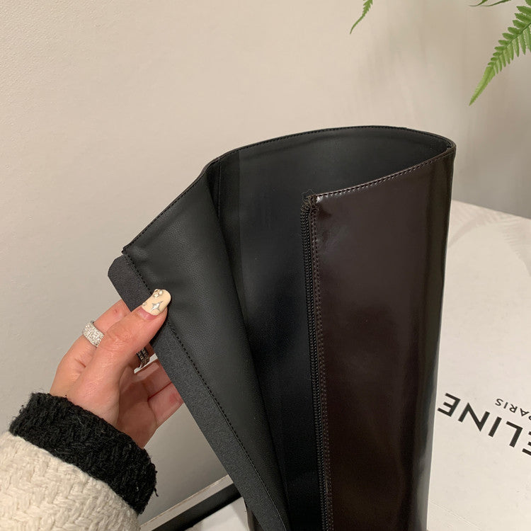 Karin Luna In Stock In Stock  Round Toe Thick Sole Belt Buckle Side Zipper Knight Boots