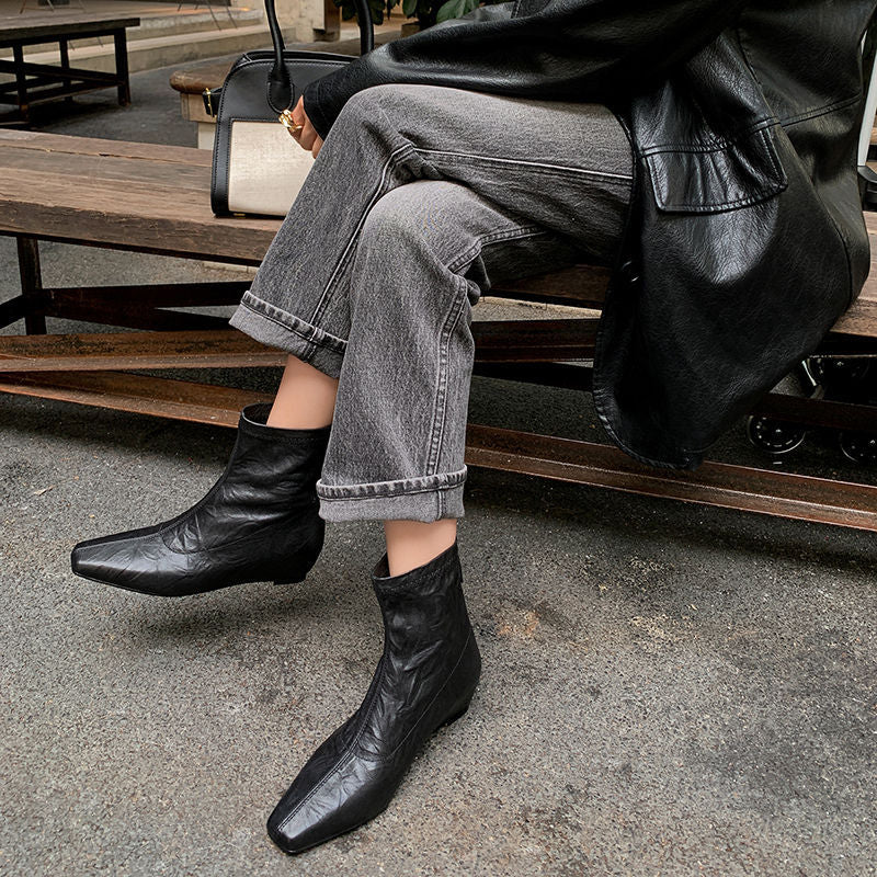Karin Luna In Stock Spot Goods Slim Series  Hidden Wedge Small Square Toe Back Zipper Short Boots
