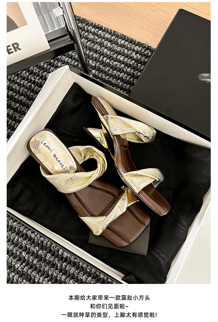 Karin Luna In Stock  Spot Goods   Square Toe One-Strap Irregular Heel Slippers