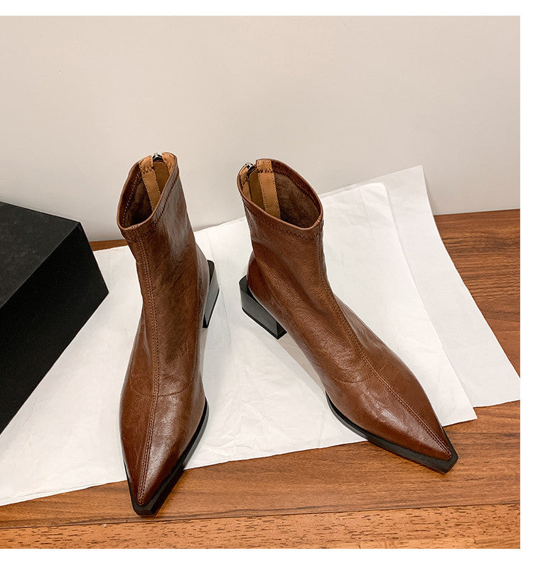 Karin Luna Elegant Style Pointed Toe Chunky Heel Short Boots