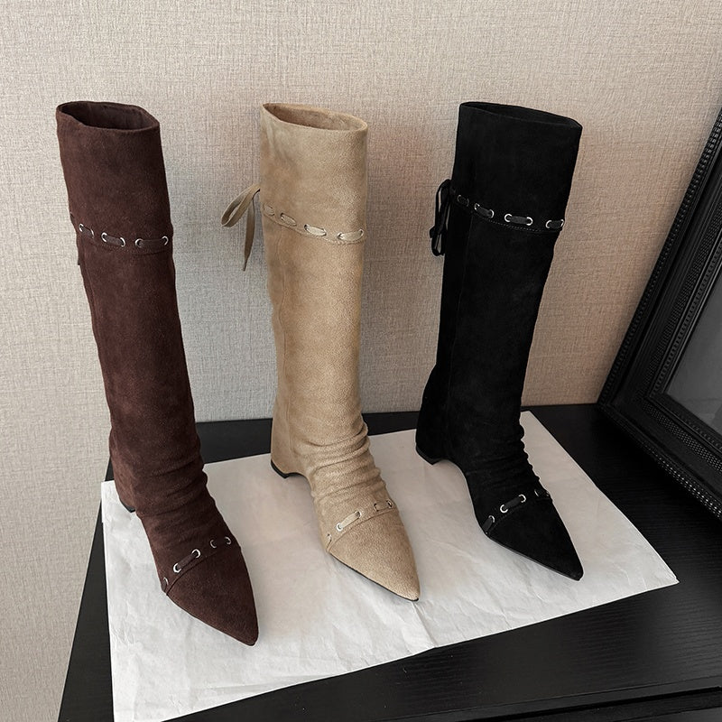 Karin Luna Elegant Style  Pointed Toe Pleated Hidden Wedge Western Boots