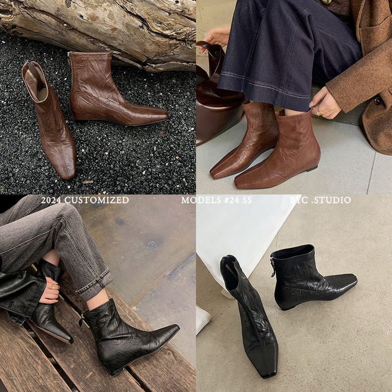 Karin Luna In Stock Spot Goods Slim Series  Hidden Wedge Small Square Toe Back Zipper Short Boots