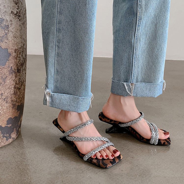 Karin Luna In Stock Spot Goods  Rhinestone One-Strap Irregular Heel Square-Toe Slippers