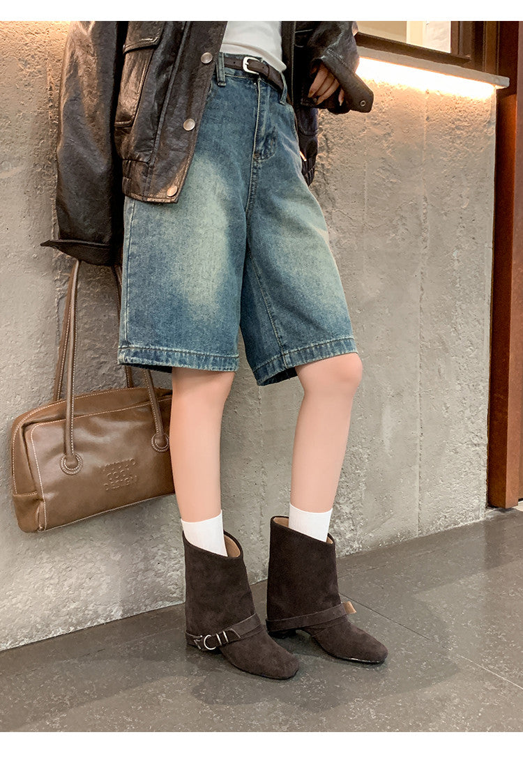 Karin Luna Data Hot Item Square Toe Hidden Wedge Belt Buckle Suede Ankle Boots
